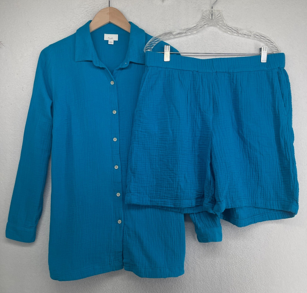 J.JILL Outfit Set S Crinkled Gauze Tunic Button Up Shirt and Short Cotton Blue